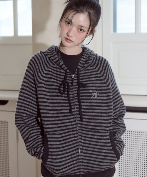 CAT STRIPE HOOD KNIT ZIP-UP - 2 COLORS CHARCOAL