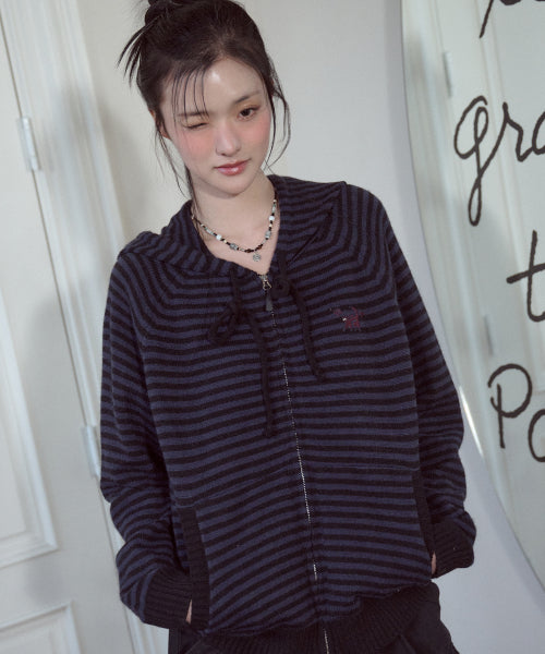 CAT STRIPE HOOD KNIT ZIP-UP - 2 COLORS NAVY