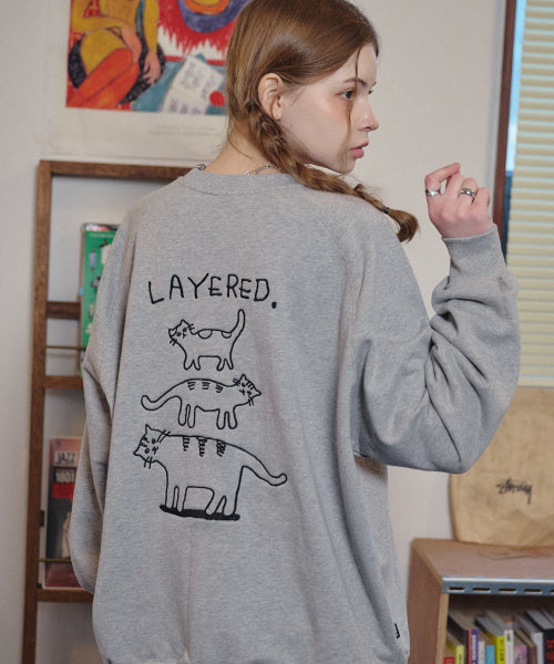 LAYERED CAT EMBROIDERY SWEATSHIRT - 2 COLORS GREY