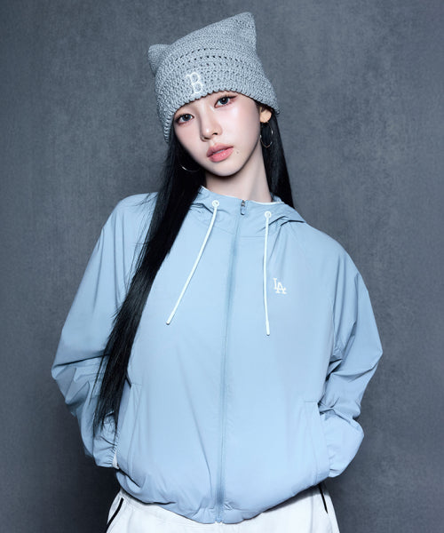 SPORTIVE CURSIVE LOGO HOOD WINDBREAKER NY #KARINA同款! - 3 COLORS SKY BLUE