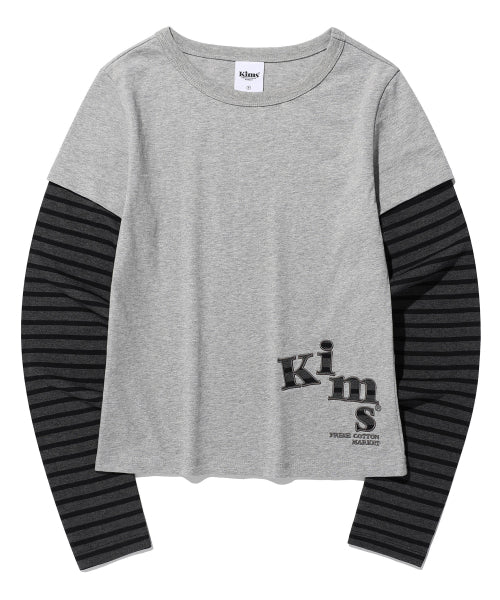 34 STRIPE LAYERED APPLIQUE LONG SLEEVE T-SHIRT GREY