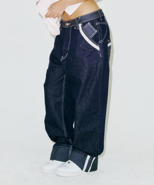 LACE ROLL UP DENIM PANTS BLUE - 2 COLORS