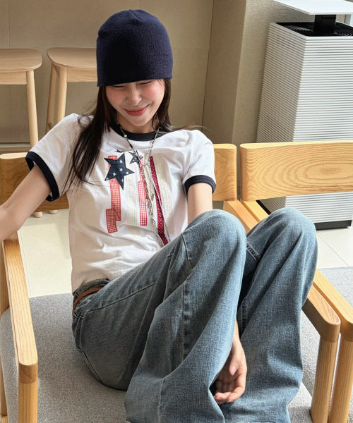 FLAG APPLIQUE RINGER CROP TEE - 3 COLORS