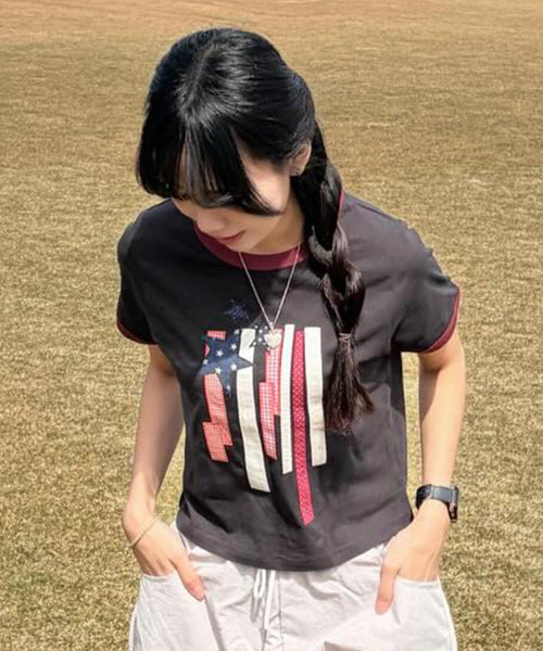 FLAG APPLIQUE RINGER CROP TEE - 3 COLORS