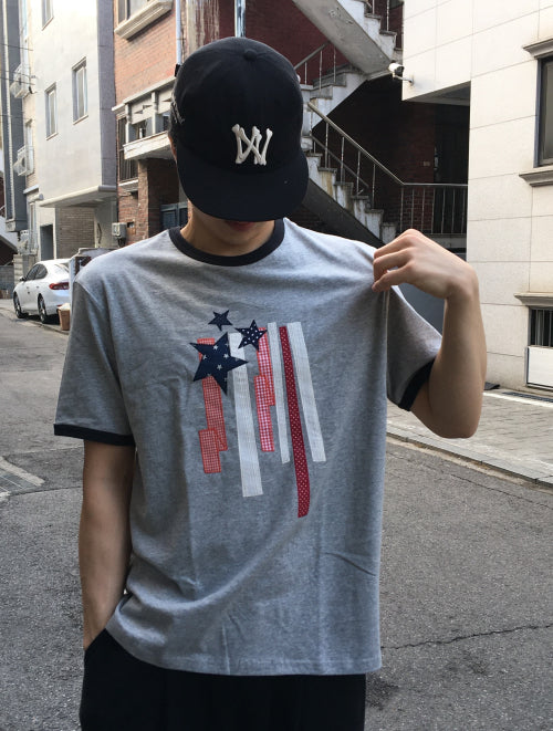 FLAG APPLIQUE RINGER TEE - 3 COLORS