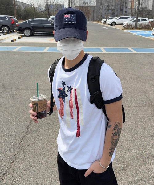 FLAG APPLIQUE RINGER TEE - 3 COLORS