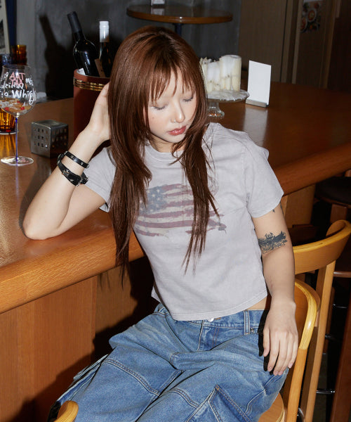 WASHED FLAG CROP TEE - 2 COLORS BEIGE