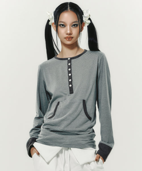 STRIPE BUTTON L/S GREY - 2 COLORS