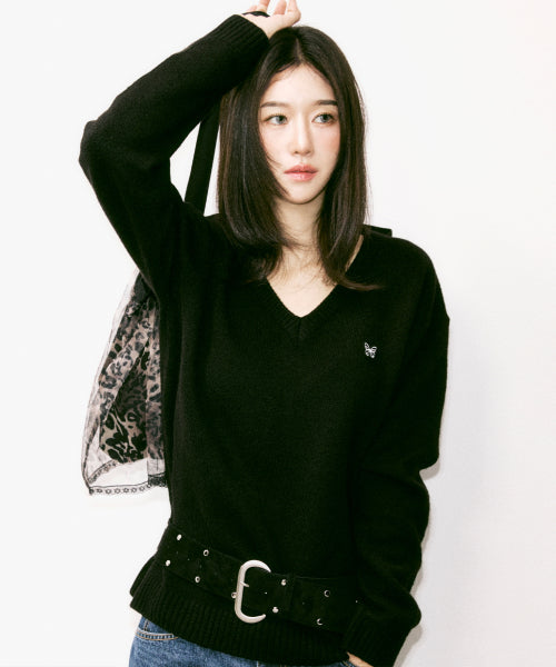 BUTTERFLY PATCH V-NECK KNIT #徐睿知同款! - 3 COLORS BLACK