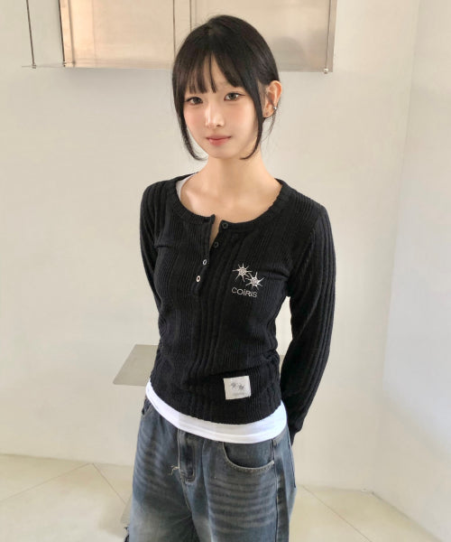 KNIT BUTTON LONG SLEEVE TEE BLACK
