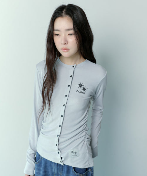 SHIRRING SLIM ROUND NECK ROLL CARDIGAN GREY