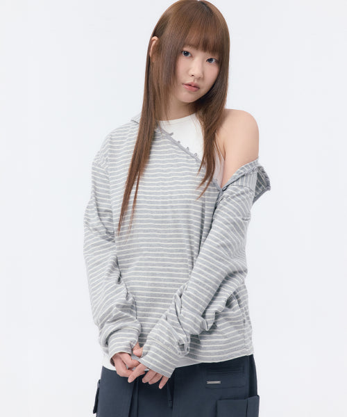DIAGONAL BUTTON LAYERED HOODIE #REI同款! - 2 COLORS GREY