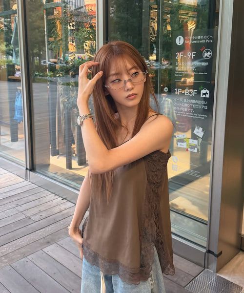 SQUARE LACE SLIT TOP - 3 COLORS BROWN