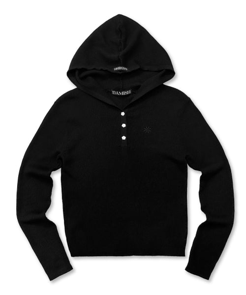 BUTTON HOODIE KNIT - 3 COLORS BLACK