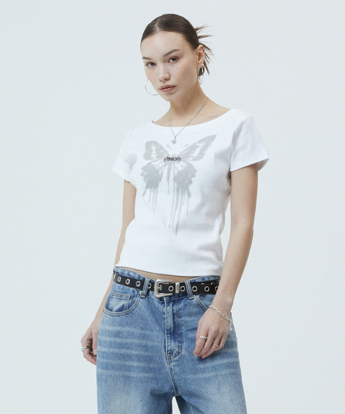 BUTTERFLY GOTH WIDE NECK CROP TEE - 2 COLORS