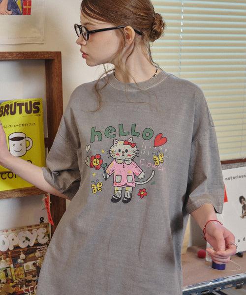 HELLO FLOWER PIGMENT SHORT SLEEVE TEE - 2 COLORS GREY