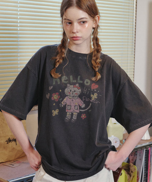 HELLO FLOWER PIGMENT SHORT SLEEVE TEE - 2 COLORS BLACK