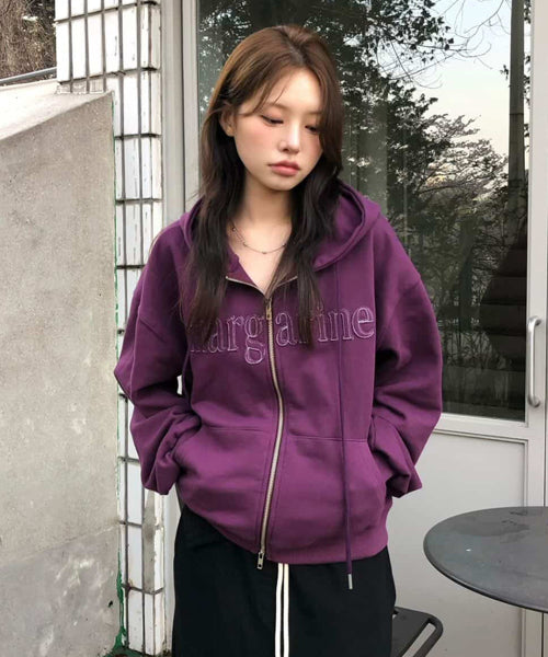 MARGARINE APPLIQUE TWO-WAY ZIP-UP HOODIE - 5 COLORS PURPLE