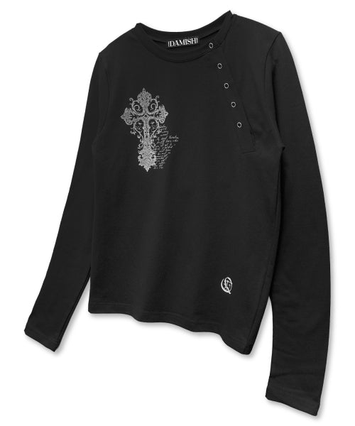 TEE CROSS ASYMMETRY BUTTON SLEEVE LONG - 2 COLORS BLACK