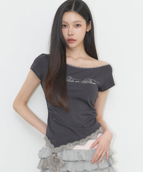 LACE SHIRRING TOP - 3 COLORS CHARCOAL