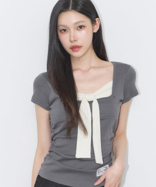 LAYERED RIBBON T-SHIRT - 4 COLORS CHARCOAL