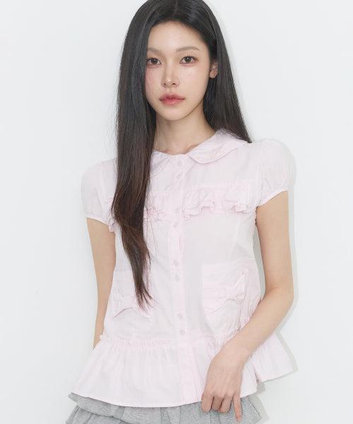 POCKET RUFFLE BLOUSE - 4 COLORS PINK