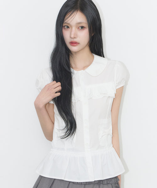 POCKET RUFFLE BLOUSE STRIPE - 4 COLORS WHITE