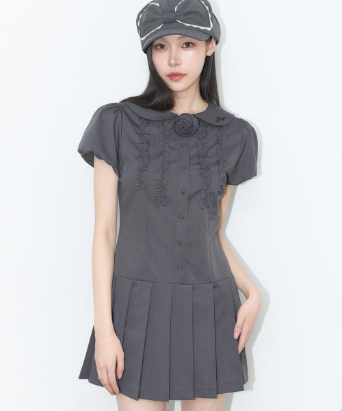 ROSE PLEATS MINI DRESS - 3 COLORS CHARCOAL