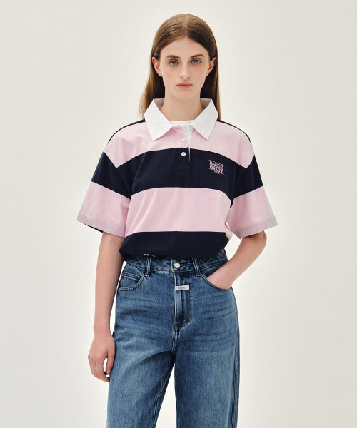 SMALL CLASSIC LOGO RUGBY STRIPE OVERSIZED COLLAR TEE - 3 COLORS PINK