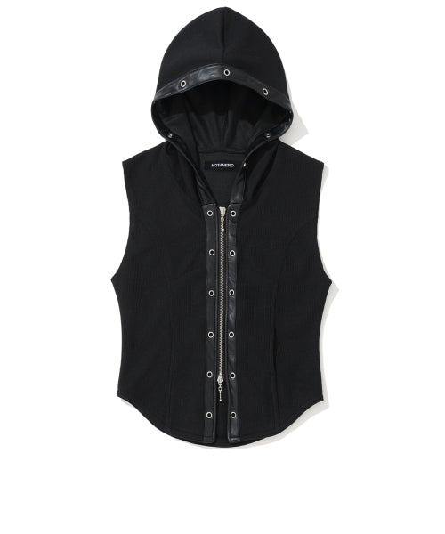 W EYELET CONTRAST HOOD VEST - - 2 COLORS BLACK