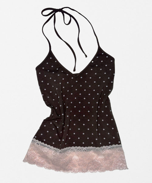 DOT LACE HALTER TOP - 3 COLORS BROWN