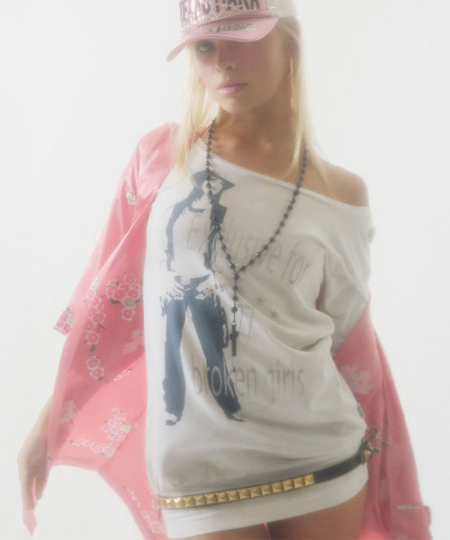 BROKEN GIRLS ROLL UP TEE - 4 COLORS WHITE