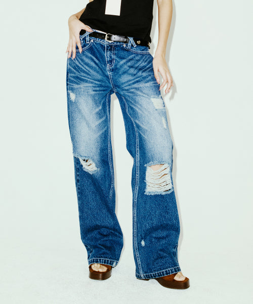 LOW DAMAGE DENIM PANTS BLUE - 2 COLORS