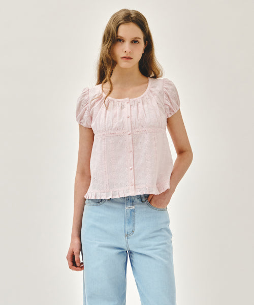 W PUFF SLEEVE LACE SHIRT - 3 COLORS PINK