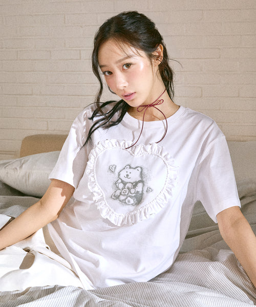 HEART RUFFLE SHORT SLEEVE T-SHIRT #GISELLE同款! - 2 COLORS WHITE