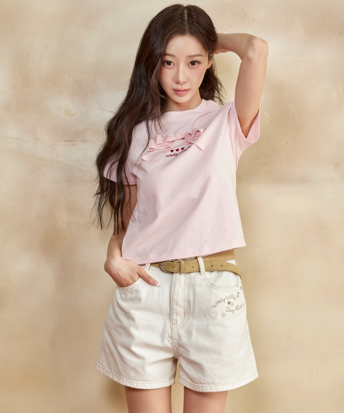 RIBBON SHORT SLEEVE T-SHIRT #GISELLE同款! - 2 COLORS PINK