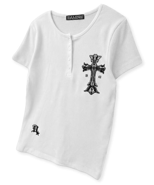 GOTHIC CROSS HENLEY NECK SHORT SLEEVE - 3 COLORS WHITE