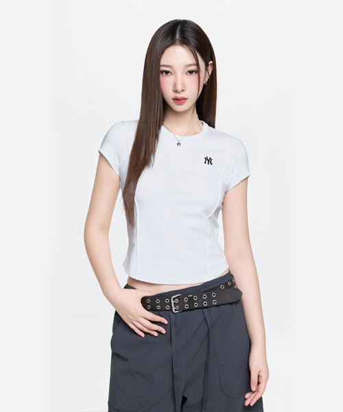 SLIM CROP FIT CAP SLEEVE SHORT SLEEVE T-SHIRT NY #KARINA同款! - 3 COLORS WHITE