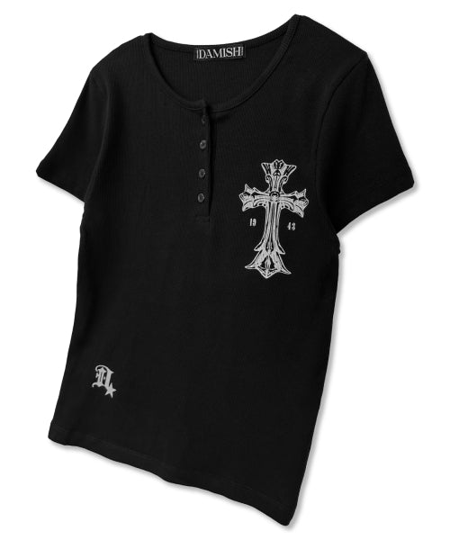 GOTHIC CROSS HENLEY NECK SHORT SLEEVE - 3 COLORS BLACK