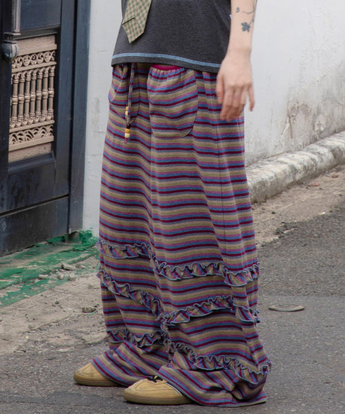 STRIPE FRILL BALLOON PANTS - 3 COLORS PURPLE