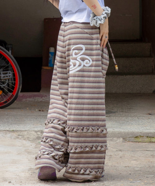 STRIPE FRILL BALLOON PANTS - 3 COLORS BROWN