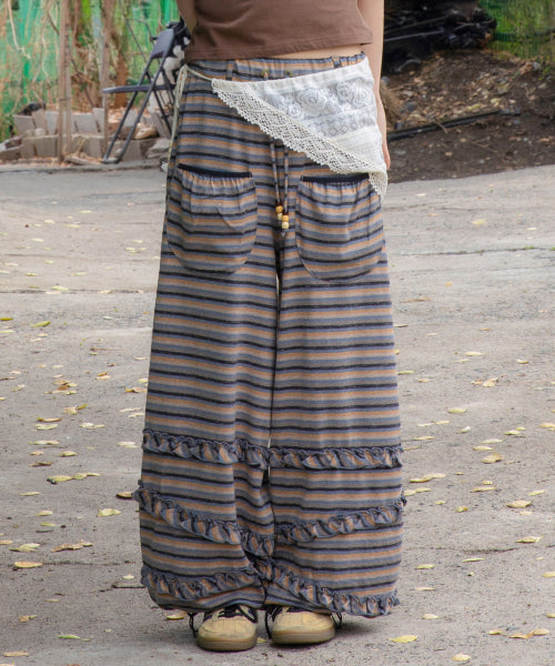 STRIPE FRILL BALLOON PANTS - 3 COLORS BLUE