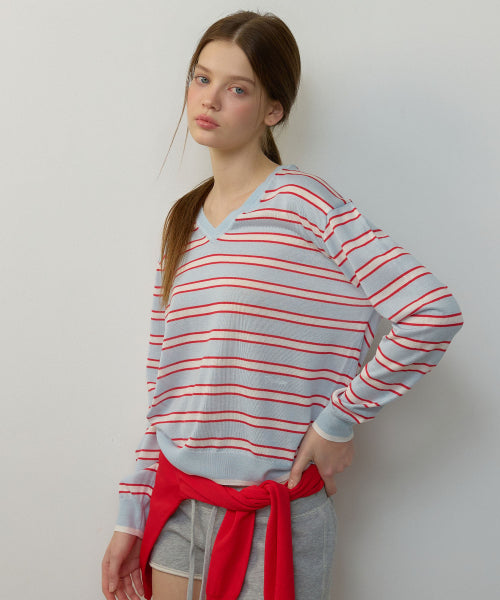 LINEN V-NECK STRIPE PULLOVER KNIT - 2 COLORS