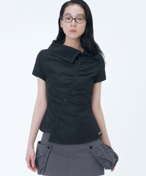 HIGH NECK SHIRRING BUTTON SHIRT #REI同款! - 2 COLORS BLACK