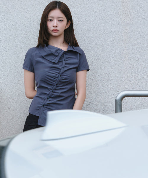 HIGH NECK SHIRRING BUTTON SHIRT #REI同款! - 2 COLORS CHARCOAL