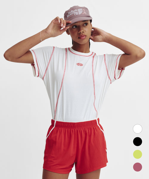 SPORTS FIT CONTRAST STITCH SHORT SLEEVE T SHIRT - 3 COLORS PINK