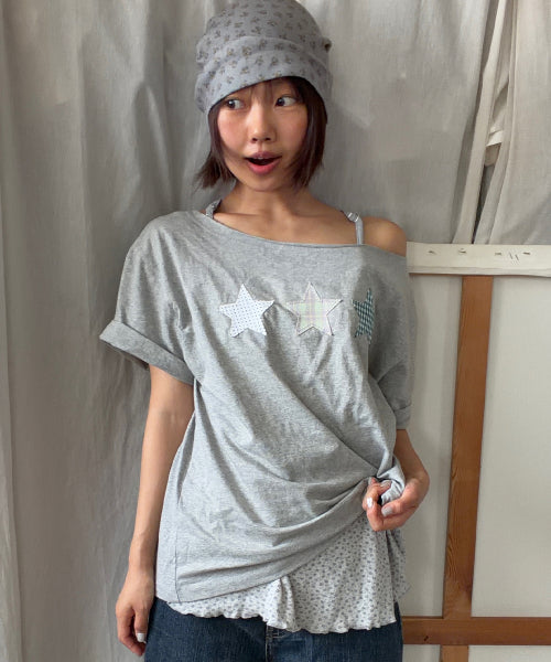 3 STAR APPLIQUE OFF SHOULDER T SHIRT - 2 COLORS GREY