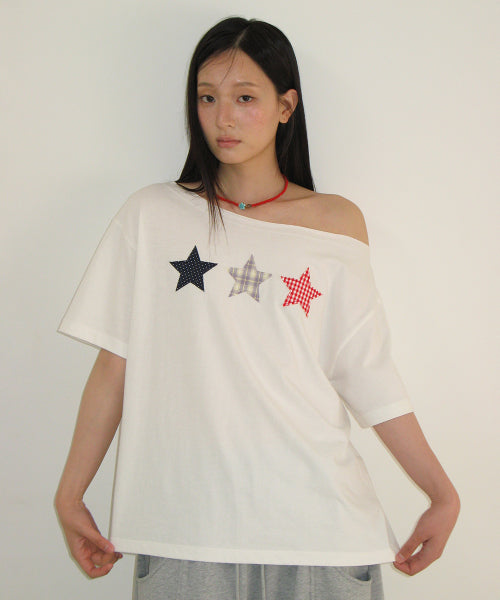 3 STAR APPLIQUE OFF SHOULDER T SHIRT - 2 COLORS WHITE