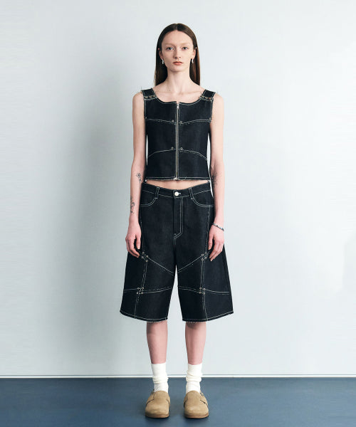 SIGNATURE LOW CUT EYELET HALF DENIM SHORTS - 2 COLORS BLACK