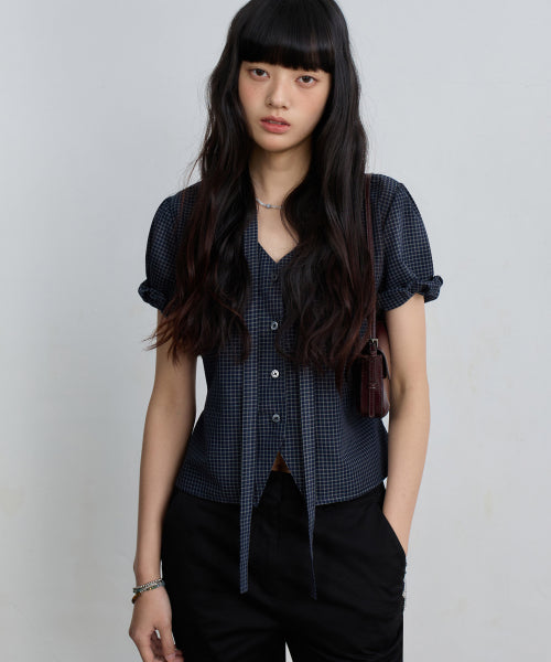 SOFT TIE BUTTON BLOUSE - 5 COLORS NAVY